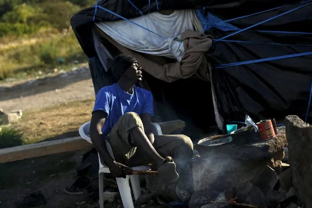 Khalifa, from Sudan breaks a branch to cooks at “The New Jungle” camp in Calais, France, August 8, 2015. (Photo by Juan Medina/Reuters)