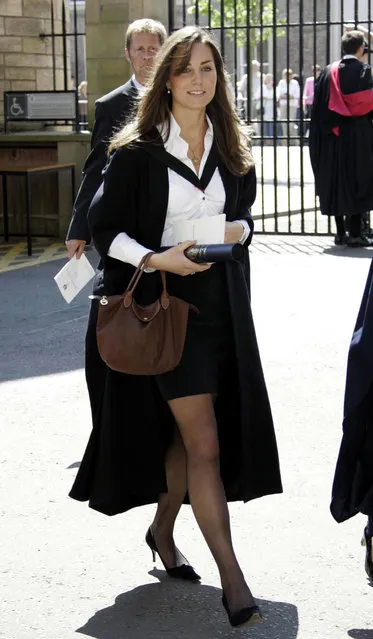 The girlfriends of Britain's Prince William, Kate Middleton, leaves after attending their university graduation ceremony at St. Andrews University in St. Andrews, Scotland, June 23, 2005. The Duchess of Cambridge, who turns 40 on Sunday Jan. 9, 2022, has emerged as Britain’s reliable royal. After Prince Harry and Meghan’s stormy departure to California in 2020, the death of Prince Philip last year, and now s*x abuse allegations against Prince Andrew, the former Kate Middleton remains in the public eye as the smiling mother of three who can comfort grieving parents at a children's hospice or wow the nation by playing piano during a televised Christmas concert. (Photo by Michael Dunlea/Pool Photo via AP Photo, File)
