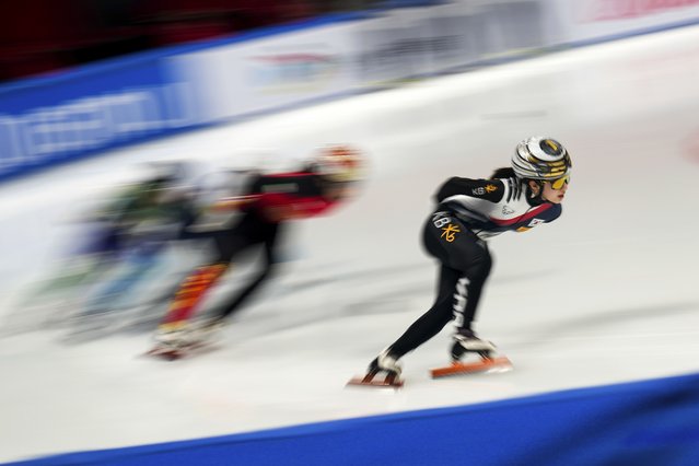 Kim Gilli of South Korea leads during the heats of the Women's 1,000-meter at the ISU World Tour Short Track Speed Skating held at the Capital Indoor Stadium in Beijing, Friday, December 6, 2024. (Photo by Andy Wong/AP Photo)