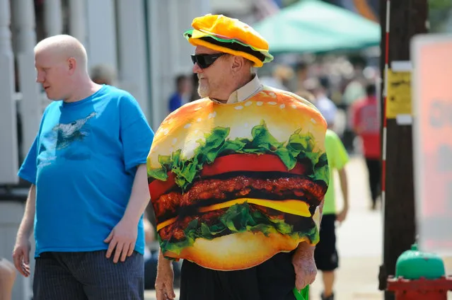 Robert Haines, of Virginville, Pa., is decked out in hamburger attire during the 12th annual Taste of Hamburg-er Festival in Hamburg, Pa., on Saturday, September 5, 2015. (Photo by Jacqueline Dormer/The Republican-Herald via AP Photo)