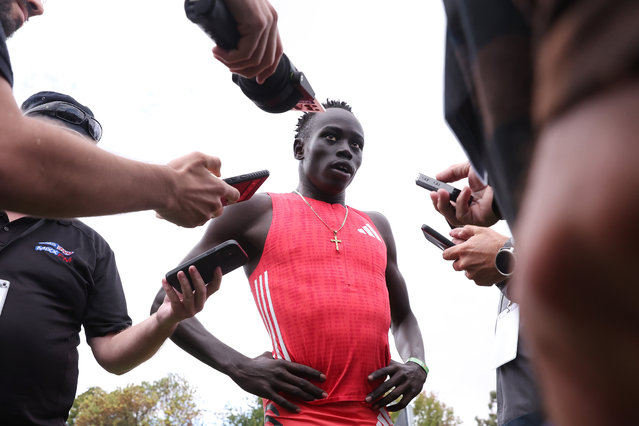 Gout Gout addresses the media after his Semi Final during the 2025 Stawell Gift at Central Park on April 21, 2025 in Stawell, Australia. (Photo by Maya Thompson/Getty Images)