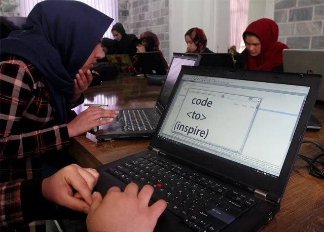In this Sunday, January 21, 2018 photo, Afghan coders practice at the Code to Inspire computer training center in Herat province, western Afghanistan. The group of young Afghan women in the deeply conservative Herat province is breaking traditional barriers as the country’s first female coders in an overwhelmingly male-dominated field. The game they created underscores Afghanistan’s struggle to eradicate vast opium poppy fields ruled by the Taliban. (Photo by Ahmad Seir/AP Photo)