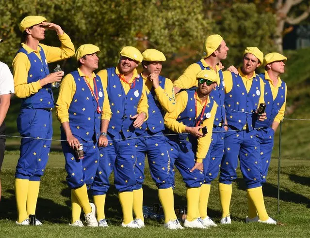 Europe Fans look on during the afternoon fourball matches at Hazeltine National Golf Course in Chaska, Minnesota on October 1, 2016, during the 2016 Ryder Cup competition between Europe and the USA. (Photo by Timothy A. Clary/AFP Photo)