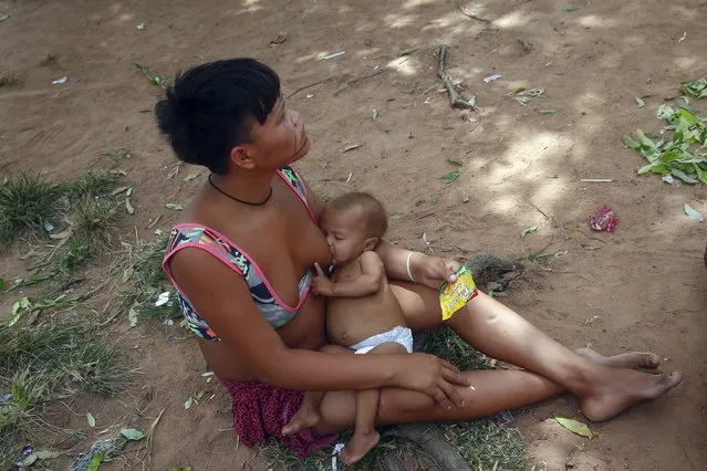A Yanomami Indigenous breastfeeds her baby outside the Health Indigenous House, a center responsible for supporting and assisting Indigenous people, in Boa Vista, Roraima state, Brazil, Wednesday, February 8, 2023. (Photo by Edmar Barros/AP Photo)