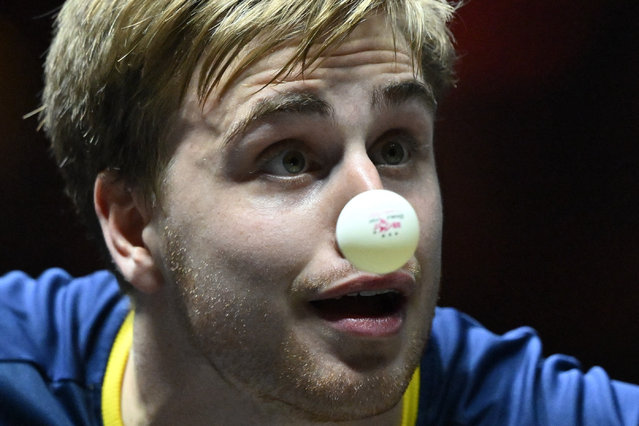 Sweden's Truls Moregard serves to Japan's Yukiya Uda during their men's singles match at the China Smash Table Tennis tournament in Beijing on October 2, 2025. (Photo by Adek Berry/AFP Photo)