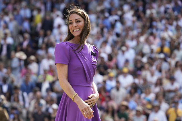Kate, Princess of Wales, smiles as she waits to present the trophy to Carlos Alcaraz of Spain at the men's singles final at the Wimbledon tennis championships in London, July 14, 2024. (Photo by Kirsty Wigglesworth/AP Photo)