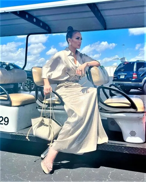 American actress, dancer and singer Jennifer Lopez in the second decade of April 2023 gets an “outfit check” while on a golf cart. (Photo by jlo/Instagram)