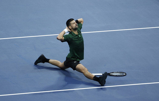 Novak Djokovic shows he is still limber before going on to win the final of the Hellenic Championship against Italy’s Lorenzo Musetti at Telekom Center Athens in Marousi, Greece on November 8, 2025. (Photo by Louiza Vradi/Reuters)