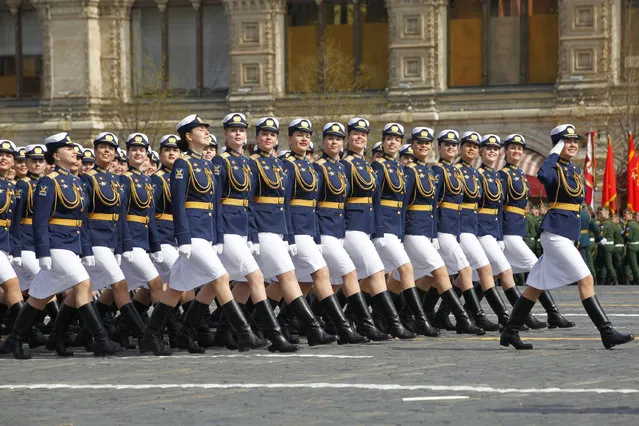 Russian female officers march during a rehearsal of the Victory Day parade on May 7, 2022 in Moscow, Russia. (Photo by Tian Bing/China News Service via Getty Images)