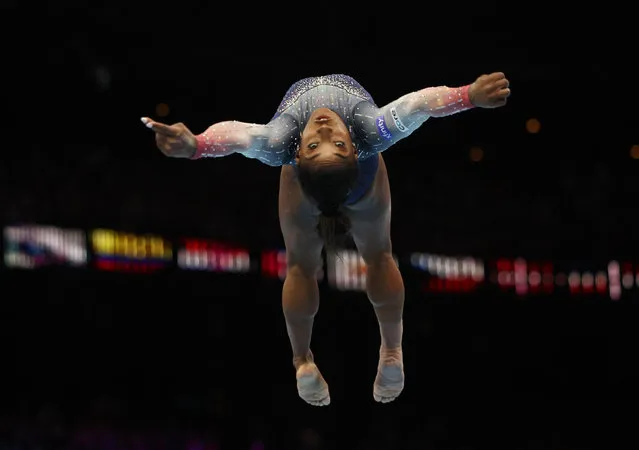 Simone Biles of the U.S. in action on the floor during the women's team final at the World Artistic Gymnastics in Antwerp, Belgium on October 4, 2023. (Photo by Yves Herman/Reuters)