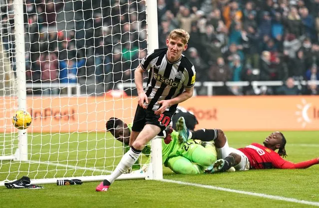 Newcastle United's Anthony Gordon (centre) celebrates scoring their side's first goal of the game during the Premier League match at St. James' Park, Newcastle on Saturday, December 2, 2023. (Photo by Owen Humphreys/PA Wire)