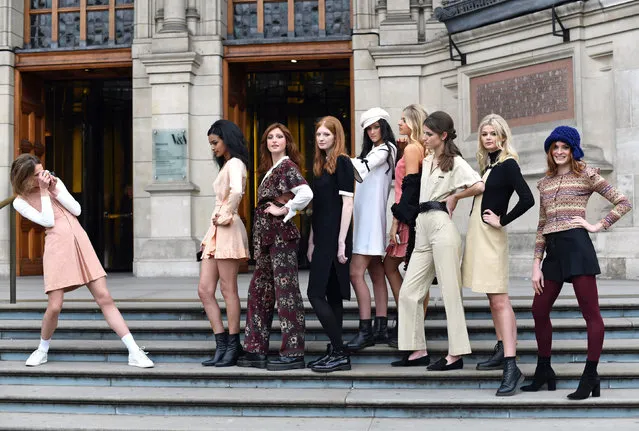 File photo dated November 15, 2018 of models posing on the steps of the Victoria and Albert Museum, London, during a photo call for the Mary Quant exhibition. Fashion designer Mary Quant has died aged 93, her family said. A statement from her family to the PA news agency said she “died peacefully at home in Surrey, UK this morning”. Issue date: Thursday April 13, 2023. (Photo by David Mirzoeff/PA Wire)