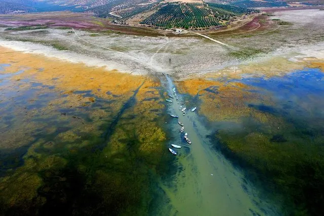 An aerial view of boats at Lake Marmara, after the water level dropped, located between Salihli and Golmarmara districts of Manisa, Turkey on October 30, 2018. Water rate at Lake Marmara dropped to 10 percent. Lake Marmara was listed a wetland with national importance as it hosted 20,000 birds including dalmatian pelican and pygmy cormorant species in 2017. Lake Marmara used to annually provide approximately 150 million cubic meters precipitation over Gediz Plain. It is reported that after the summer's heat water level at the lake dropped to a critical rate, with depth in some areas dropping to 50 centimeters, which is considered to be around 33 million cubic meters. (Photo by Kamil Altiparmak/Anadolu Agency/Getty Images)