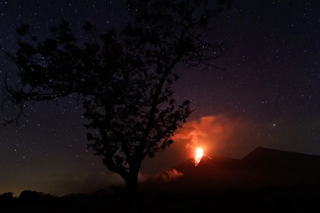 Lava flows from Fuego volcano during an eruption as seen from Alotenango, on the outskirts of Guatemala City, Guatemala, March 1, 2016. Picture taken March 1, 2015. (Photo by Josue Decavele/Reuters)