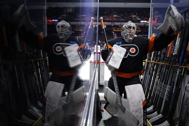 Philadelphia Flyers' Felix Sandstrom walks off the ice after warming-up before an NHL hockey game against the Boston Bruins, Saturday, March 23, 2024, in Philadelphia. (Photo by Matt Slocum/AP Photo)