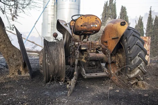 A burned farm tractor lays destroyed after a wildfire swept through Torre de l'Espanyol, near Tarragona, Spain, Thursday, June 27, 2019.  The Catalonia region of Spain has seen its biggest forest fire this year, with more than 1,200 hectares (3,000 acres) believed to have been burned and hundreds of people evacuated. (Photo by Jordi Borras/AP Photo)