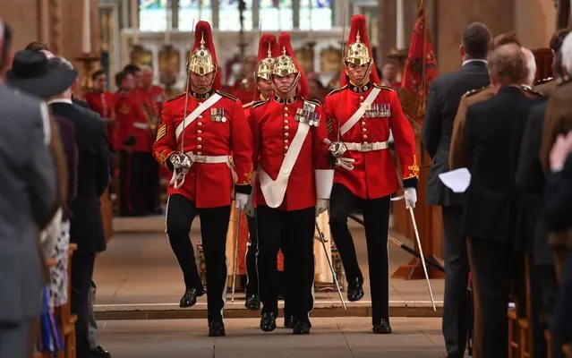 Members of First The Queen's Dragoon Guards (The Welsh Cavalry) march during a memorial service in Cardiff to mark the sixtieth anniversary of the Welsh Cavalry on July 01, 2019 in Cardiff, Wales. Prince Charles celebrates today 50 years since he was invested as the Prince of Wales. (Photo by Jacob King – WPA Pool/Getty Images)