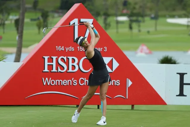 Michelle Wie of the USA hits her tee shot on the 17th hole during the first round of the HSBC Women's Champions on the Tanjong Course at Sentosa Golf Club on March 2, 2017 in Singapore. (Photo by Scott Halleran/Getty Images)