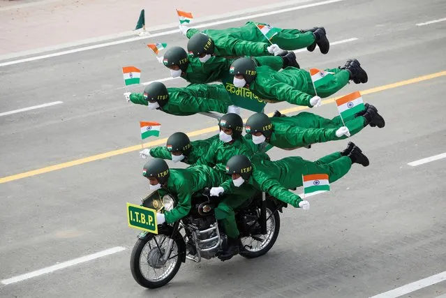 India’s Indo-Tibetan Border Police (ITBP) “Daredevils” motorcycle riders perform during the Republic Day parade in New Delhi, India, January 26, 2022. (Photo by Adnan Abidi/Reuters)