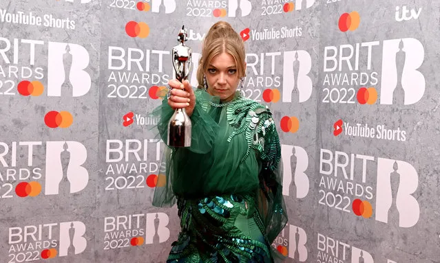 British singer and songwriter from Bewdley Becky Hill poses with her award in the media room during The BRIT Awards 2022 at The O2 Arena on February 08, 2022 in London, England. (Photo by Kate Green/Getty Images )