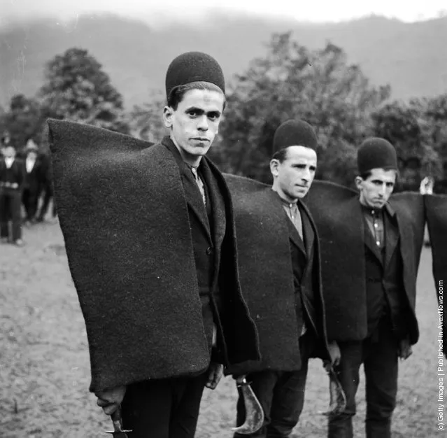 1952:  Shepherds from the north wear their traditional heavy woollen mantles as they stand ready to shear sheep with sycthe-like shears