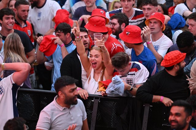 England fans celebrating as England score a penalty against Netherlands on July 10, 2024 in London's Wembley Boxpark in the semi finals of Euro 2024 tournament in Germany. (Photo by Mike Ruane/Story Picture Agency)