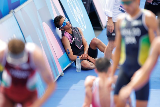 British Alex Yee looks exhausted after the men's individual triathlon race at the Paris 2024 Olympic Games, on Wednesday 31 July 2024 in Paris, France. (Photo by Tom Jenkins/The Guardian)