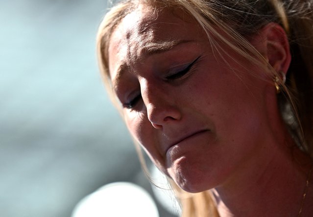 Molly Caudery of Team Great Britain reacts after failing her last try during Women's Pole Vault Qualification on day ten of the Olympic Games Paris 2024 at Stade de France on August 05, 2024 in Paris, France. (Photo by Dylan Martinez/Reuters)