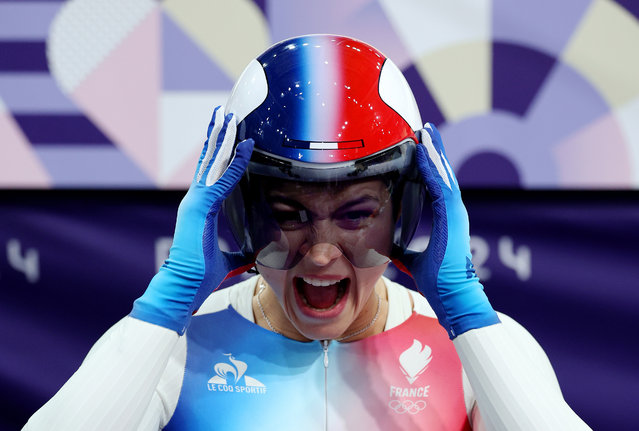 Mathilde Gros of Team France reacts during the Women's Keirin Quarterfinals on day thirteen of the Olympic Games Paris 2024 at Saint-Quentin-en-Yvelines Velodrome on August 08, 2024 in Paris, France. (Photo by Alex Broadway/Getty Images)