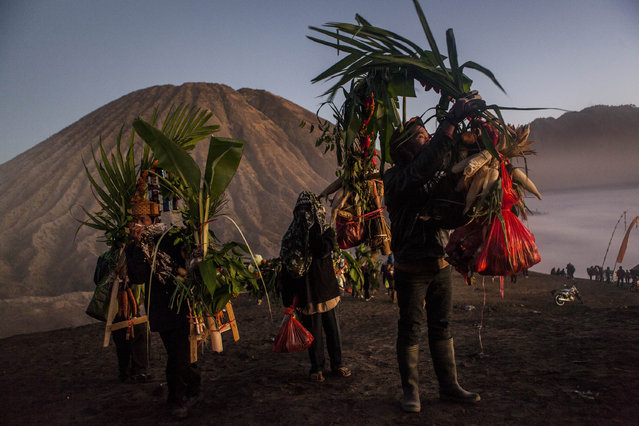 Tenggerese worshippers carry vegetables for an offerings during the Yadnya Kasada Festival at crater of Mount Bromo on August 12, 2014 in Probolinggo, East Java, Indonesia. (Photo by Ulet Ifansasti/Getty Images)