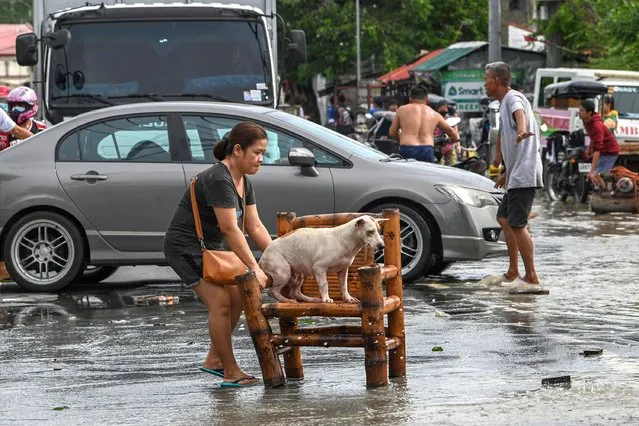 A woman moves her dog while residents evacuate from their submerged homes in the aftermath of Super Typhoon Noru in San Ildefonso, Bulacan province on September 26, 2022. (Photo by Ted Aljibe/AFP Photo)