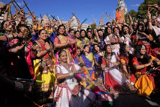 Dancers perform during the Diwali on the Square celebration, in Trafalgar Square, London on Sunday, October 9, 2022. (Photo by Yui Mok/PA Images via Getty Images)
