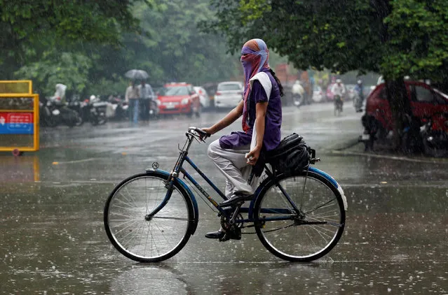 A woman rides a bicycle across a road during rains in Allahabad, India, August 16, 2016. (Photo by Jitendra Prakash/Reuters)