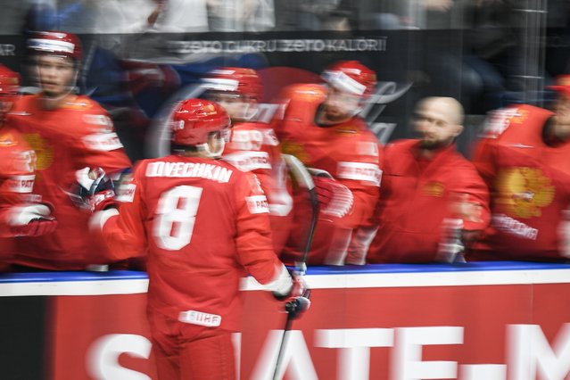 Alexander Ovechkin of Russia celebrates with teammates after scoring a goal during the IIHF World Championship group B ice hockey match between Russia and Italy at the Ondrej Nepela Arena in Bratislava, Slovakia, 15 May 2019. (Photo by Christian Bruna/EPA/EFE)