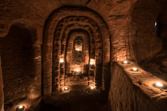 The untouched caves, in Shropshire, apparently date back 700 years when they were used by the Knights Templar. (Photo by Michael Scott/Caters News Agency)