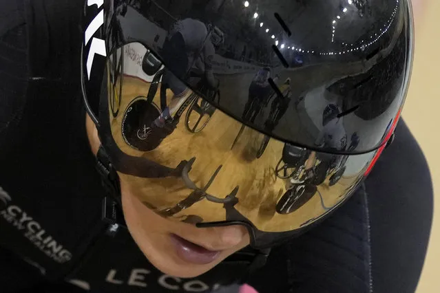 New Zealand's Ally Wollaston competes during the women's omnium points race at UCI Track Nations Cup track cycling championship at Jakarta International Velodrome in Jakarta, Indonesia, Sunday, February 26, 2023. (Photo by Dita Alangkara/AP Photo)