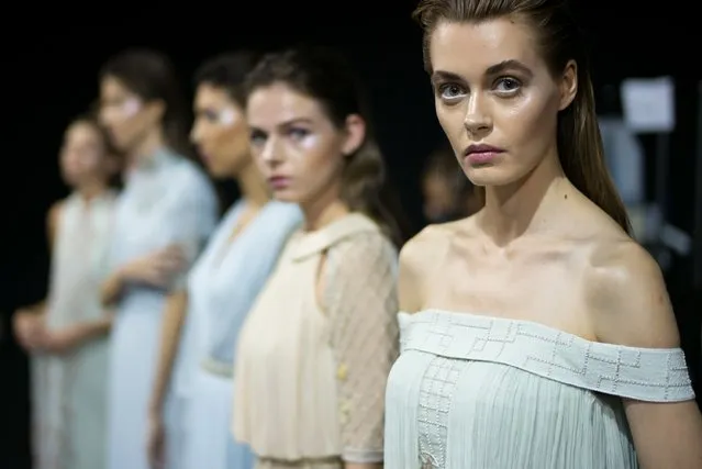 Models backstage ahead of the Zareena presentation during Fashion Forward Spring/Summer 2017 at the Dubai Design District on October 22, 2016 in Dubai, United Arab Emirates. (Photo by Ian Gavan/Getty Images)