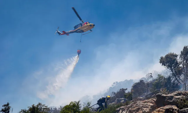 Firefighters battle to contain a bush fire above the mountainous suburb of Capri, Cape Town, South Africa, 24 November 2015. The Western Cape fire season risks have been heightened due to a particularly dry season in the province increasing the risk of wild fires. (Photo by Nic Bothma/EPA)