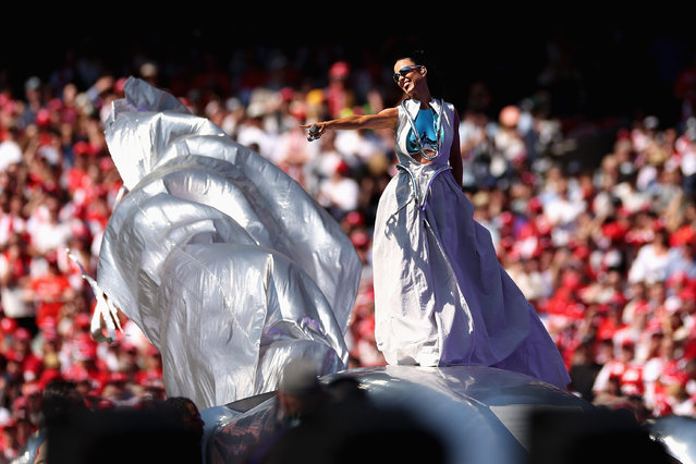 Singer Katy Perry performs during the AFL Grand Final match between Sydney Swans and Brisbane Lions at Melbourne Cricket Ground, on September 28, 2024, in Melbourne, Australia. (Photo by Cameron Spencer/AFL Photos/via Getty Images)