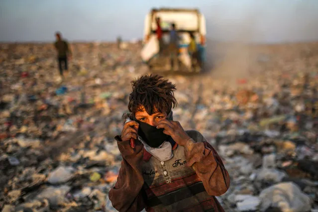 A youth poses for a picture in a landfill while searching for recyclable material for sale in Basra on June 22, 2023. (Photo by Hussein Faleh/AFP Photo)