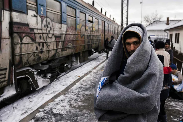 A migrant wrapped in a blanket to keep warm, waits with other migrants and refugees to board a train heading to the border with Croatia at the train station in Presevo, on January 19, 2016, after crossing the Macedonian border into Serbia. More than one million migrants reached Europe in 2015, most of them refugees fleeing war and violence in Afghanistan, Iraq and Syria, according to the United Nations refugee agency. (Photo by Dimitar Dilkoff/AFP Photo)