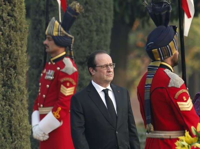 French President Francois Hollande arrives to attend the "At Home" reception at the Rashtrapati Bhavan presidential palace after India's Republic Day parade in New Delhi, India, January 26, 2016. (Photo by Adnan Abidi/Reuters)