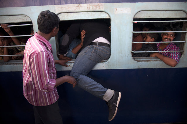 An Indian man enters a train through an emergency window in Hyderabad, India, Thursday, January 12, 2017. Railway platforms and trains were overcrowded Thursday with many people traveling to their hometowns to celebrate the Hindu festival of Makar Sankranti that falls on Jan. 14. (Photo by Mahesh Kumar A./AP Photo)