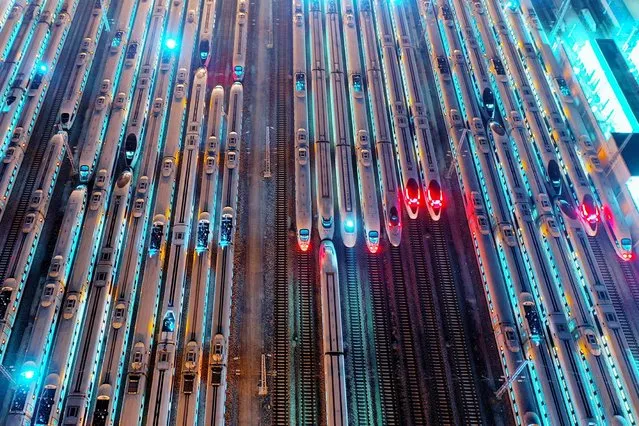Aerial view of bullet trains waiting at a railway station during the first day of 2019 Chinese Spring Festival travel rush on January 21, 2019 in Nanjing, Jiangsu Province of China. The 40-day Chinese Spring Festival travel rush starts on Monday, lasting until March 1. The Spring Festival, or Chinese Lunar New Year, falls on February 5 this year. (Photo by VCG/VCG via Getty Images)