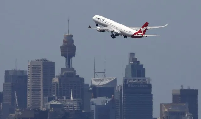 A Qantas Airways Airbus A330-300 jet takes off from Sydney International Airport over the city skyline, in this December 18, 2015 file photo. Australia's Qantas Airways Ltd on February 23, 2016 posted a record first-half profit as the lower oil price shrank its biggest single overhead, and wooed investors with a second straight A$500 million ($361 million) share buy-back. (Photo by Jason Reed/Reuters)