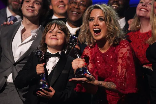 10 year old Jude Riordan and his co-stars celebrate their awards for best serial Coronation street at the 26th National Television Awards, Show, O2 arena in London, United Kingdom on September 9, 2021. (Photo by Scott Garfitt/Rex Features/Shutterstock)