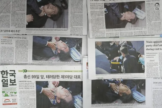 Newspapers' front pages are seen reporting South Korean opposition leader Lee Jae-myung, in Seoul, South Korea, Wednesday, January 3, 2024. South Korea police on Wednesday raided the residence and office of a man who stabbed the country’s opposition leader, Lee Jae-myung, in the neck earlier this week in an attack that left him hospitalized in an intensive care unit, officials said. (Photo by Lee Jin-man/AP Photo)