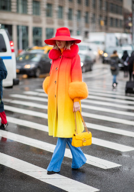 A guest is seen wearing rainbow colored coat outside Hellessy during New York Fashion Week Autumn Winter 2019 on February 08, 2019 in New York City. (Photo by Christian Vierig/Getty Images)