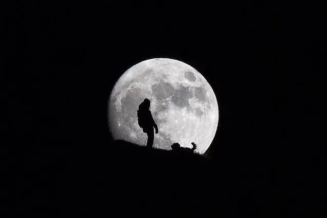 In this Monday December 12, 2016 picture Nicole, left, and Chiffon the dog stand in front of the rising moon at the Croix des Chaux mountain near  Gryon, western Switzerland. (Photo by Anthony Anex/Keystone via AP Photo)