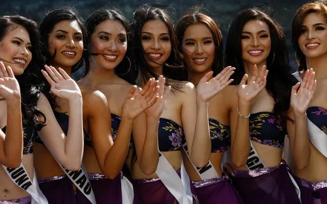 Candidates for Binibining Pilipinas 2019 (Miss Philippines) pageant pose for pictures beside a swimming pool during a press presentation at a hotel in Quezon City, east of Manila, Philippines, 04 April 2019. A total of 40 candidates will be vying for the Miss Philippines crown on 09 June, with one winner being given the opportunity to compete in the Miss Universe pageant. (Photo by Rolex Dela Pena/EPA/EFE/Rex Features/Shutterstock)